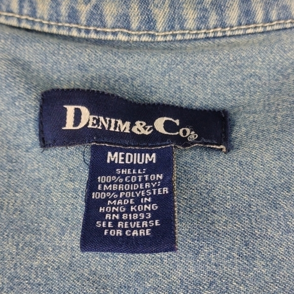 Denim & Co. Vintage Light Blue Embroidered High Collar Button Up Denim Shacket - Picture 13 of 14